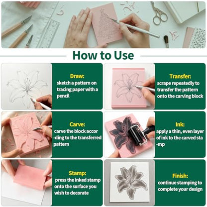 Yauhar 15Pcs 4" x 6" Linocut Carving Kit for Beginner, Pink Rubber Linoleum Printing Blocks, Hobby Crafting Kits Birthday Gift for Printmaking, Stamp Making, and DIY Art Projects
