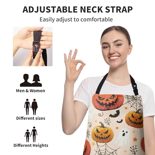 Halloween Aprons Jack-O-Lantern Ghost Cooking Apron Bat Spider Web Pumpkin Kitchen Chef Apron with Pockets Adjustable Neck Strap for Cooking Barbecue Baking Sewing Crafting - color: Halloween Pumpkin-b