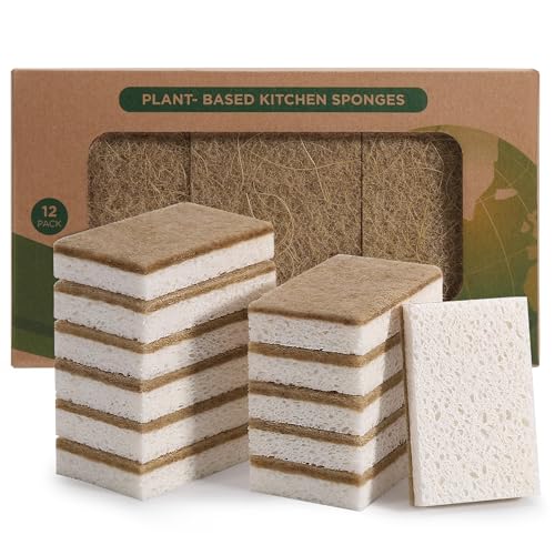 Natural Sponges for Dishes 12 Pack - Keep Soap Biodegradable Kitchen Sponge Compostable Coconut Scrubber - Eco Friendly Cleaning Sponges - color: Brown White 12pcs