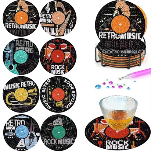 gganmtere 8 pcs Music Diamond Art Coasters with Holder,Musical Instrument Diamond Art Painting Coasters,5D DIY Full Drill Adult Diamond Paintings Set - color: Jxbd99