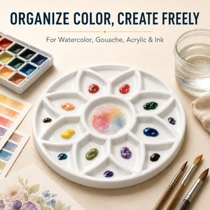 7 Inch Ceramic Watercolor Palette, Round White Flower Paint Tray | Petal-shaped color wells surround a center mixing area for watercolor, gouache, acrylic, ink and everyday art projects.