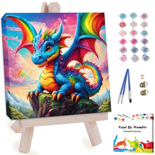 Artunion Framed Paint by Numbers Kit for Adults Beginners & Kids Ages 8-12,Dragon with Rainbow Paint by Number with Frame,Dragon Paint by Numbers Kit on Canvas 10 * 10 Inch Without Easel - color: ZXT-269-F