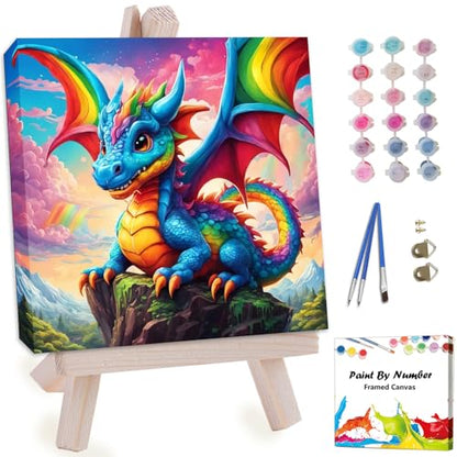Artunion Framed Paint by Numbers Kit for Adults Beginners & Kids Ages 8-12,Dragon with Rainbow Paint by Number with Frame,Dragon Paint by Numbers Kit on Canvas 10 * 10 Inch Without Easel - color: ZXT-269-F