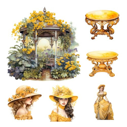 XERE 84 Pcs Yellow Victorian Era Scrapbook Stickers Set, Aesthetic Sticker for Scrapbooking and Journaling, Junk Journal Supplies, Bullet Journals Materials, Planner Arts Craft Collage Supplies - color: Yellow