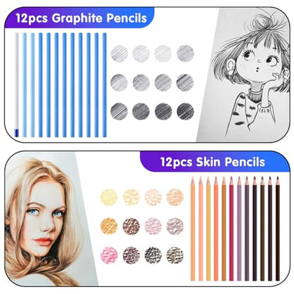 Professional Drawing Set,12 Colored Pencils,12 Graphite Pencils,Eraser,Case - color: Set-Skin