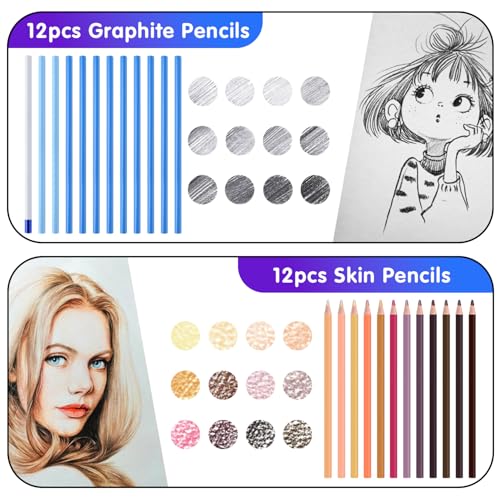 Professional Drawing Set,12 Colored Pencils,12 Graphite Pencils,Eraser,Case | Portable Travel Colored Pencil Case,Sketching Shading Blending Art Supplies,Gifts for Artists Adults Beginners.Skin Black - color: Set-Skin