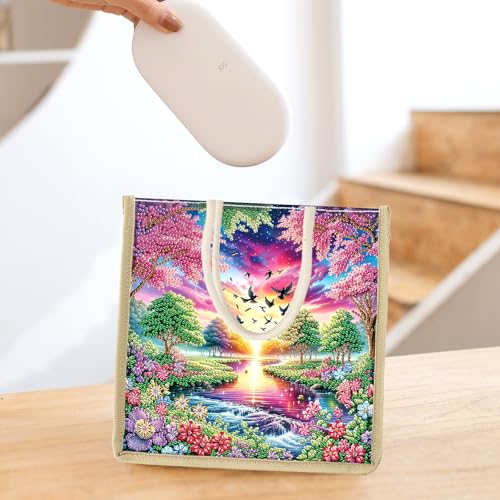 JZHYOAN Landscape DIY Diamond Painting Canvas Tote Bags Package Portable Reusage Handmade Shopping Storage Package DIY Diamond Art Tote Bag Kit Gem ArtTote Bags with Diamonds for Adult Family
