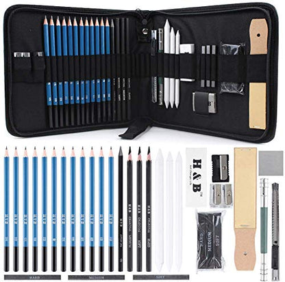 33 Piece Professional Art Kit Drawing Pencils with Sketch Kit, Charcoal Pencils, Graphite Pencils, Erasers with Kit Bag
