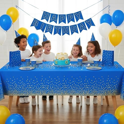 3 Packs Dot Disposable Table Cloth, 54 x 108 Inch Waterproof Plastic Tablecloth, Rectangle Gold Dots in Blue Table Covers for Picnic, Birthday, Party and Back to School - color: Gold in Blue, size: 54" x 108"