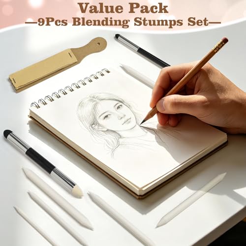 Blending Stump,9Pcs Oil Pastel Blending Tools,Blending Stumps and Sponge Pens Set with Sandpaper Sharpener,Tortillions Paper Art Blenders,Charcoal Sketching Drawing Supplies for Artists Student