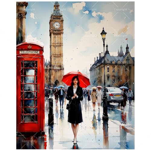 Cityscape Paint by Numbers Kit for Adults - DIY London Street with Red Telephone Booth Painting on Canvas, Acrylic Paint Set for Beginners, Urban Art for Home Decoration or Gifts(12X16IN Framed) - color: TCXY05326, size: 12X16IN Framed