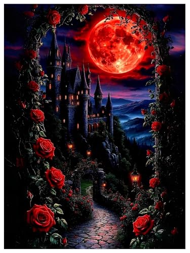 Diamond Art Kits for Beginners, 5D Diamond Painting Blood Moon Dark Fantasy Rose Castle, Diamond Art Kits for Adults, DIY Full Drill Round Gem Art Crafts Paintings for Home Wall Decor 12X16 inch - color: Dark Fantasy Castle