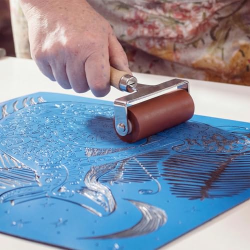 QWORK Soft Rubber Brayer, 3 Inch Printmaking Roller Tool for Block Printing and Gel Plate Crafts, Steel Frame Non Slip Handle Compatible with All Inks