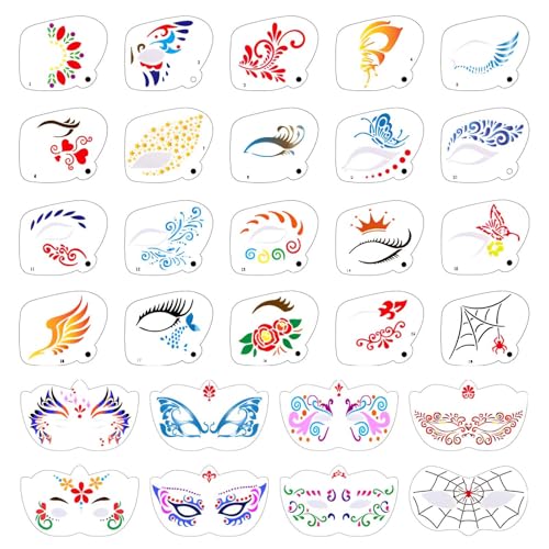 28 pcs Face Paint Stencils Kits Face Painting Stencils Reusable | Reusable Face Tattoo Painting Templates for Kids - color: Mix01