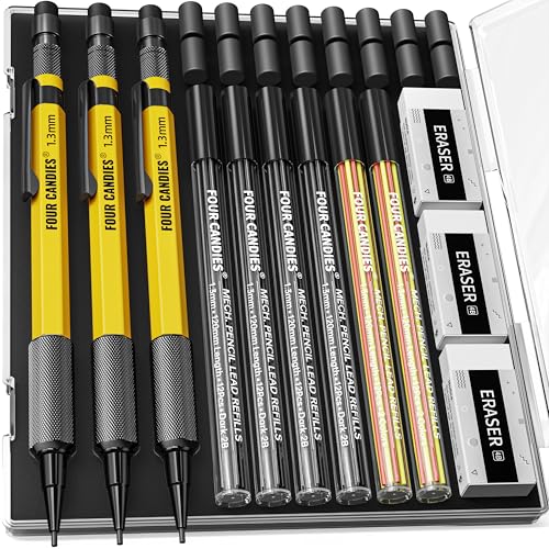 Four Candies 3PCS 1.3mm Metal Mechanical Pencil Set with Case (Yellow) | 72 Refills (Red,Black,Yellow), 3 Erasers, 16 Eraser Refills, Weatherproof Body for Construction Outdoor Woodworking Marking - size: 3-Pack, style: Yellow