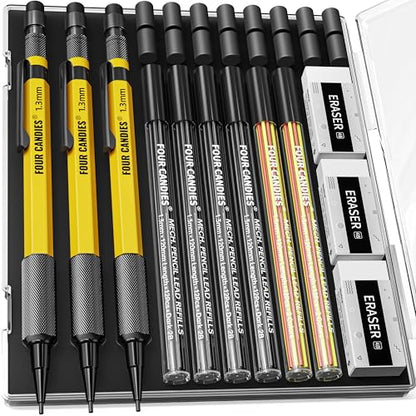 Four Candies 3PCS 1.3mm Metal Mechanical Pencil Set with Case (Yellow) | 72 Refills (Red,Black,Yellow), 3 Erasers, 16 Eraser Refills, Weatherproof Body for Construction Outdoor Woodworking Marking - size: 3-Pack, style: Yellow