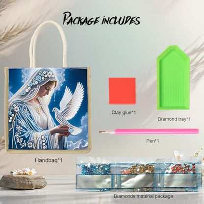 JZHYOAN Diamond Painting Canvas Tote Bags, DIY Diomand Art Tote Bags Kits for Adults, Reusable Grocery Shopping Hand Storage Bag with Handles, Portable Book Storage for Family School Woman Man