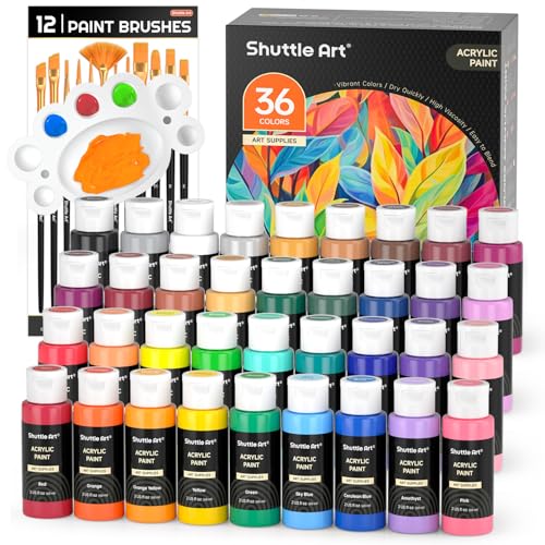Shuttle Art Acrylic Paint, 36 Colors Acrylic Paint Set with Brushes & Palette, 2oz/60ml Bottles, Rich Pigments Non-toxic for Artists Kids & Adults, Painting on Canvas Rocks Ceramic Wood - color: Regular, size: 2 Fl Oz (Pack of 36)