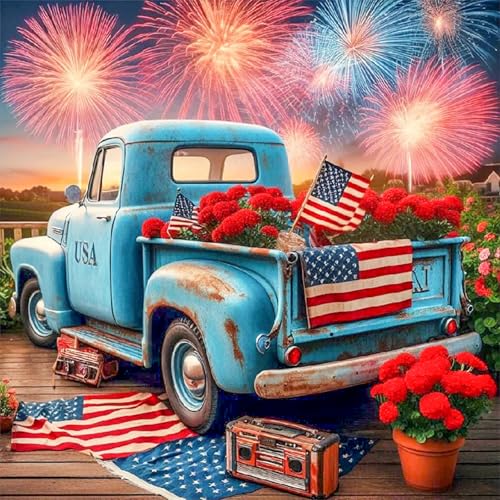 antor Diamond Painting Kits for Adults, 4th of July American Flag Vintage Truck 5D Diamond Art Kits for Adults Beginner, DIY Full Drill Round Diamond Painting Patriotic Home Wall Decor 13.8x13.8 Inch - color: Patriotic Truck