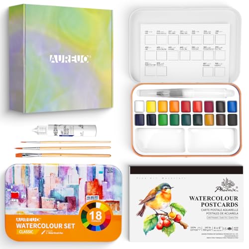AUREUO Travel Watercolor Set with Gift Box - Small Water Color Kit with18 Classic Color Watercolor Paint Set, Brushes, Watercolor Postcards, Masking Fluid Pen & Tote Bag - color: Classic Kits