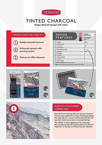 Derwent Tinted Charcoal Pencils, 4mm Core, Metal Tin,(2301691) (Pack of 72) - size: 1 Count (Pack of 72)