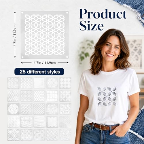 25 Pcs Sashiko Stencil, 4.7 X 4.7 Inch Plastic Sashiko Template Geometric Embroidery Patterns, Fabric Embroidery Stencils Quilting Templates Drawing Line for Hand Quilting Mending Supplies