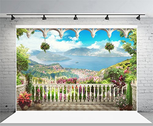 AOFOTO 6X4ft Garden Terrace Backdrop Beautiful Gallery Scenery Photography Background Kid Girl Artistic Portrait Seascape Romantic Retro Photo Shoot Studio Props Video Drop Vinyl Decor Wallpaper Drape - size: 6x4ft
