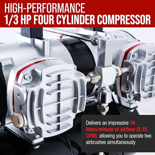 Master Airbrush TC-828 Airbrush Compressor with Tank- 1/3 HP Quad Cylinder, 4L Air Tank, 78L/Min Flow, Multi-Airbrush & Spray Gun Support, True Diaphragm Regulator, Portable - Ideal for Artists - style: Quad Piston with Tank