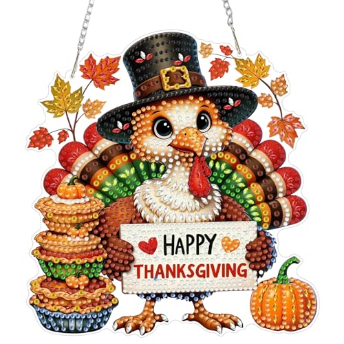CEOVR Thanksgiving Turkey Hanging Diamond Art for Adults, Turkey Diamond Painting Pendant, DIY Special Shape Gem Art Window Ornament, Acrylic Home Wall Decor with Chain, Box Kit 7.42×7.87inch - color: 4-Turkey