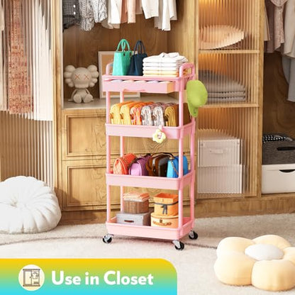 SUNALLY Makeup Cart Organizer with Drawer, 4 Tier Rolling Makeup Cart, Pink - color: Pink, size: 4 Tier