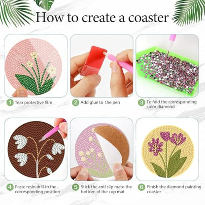 DOTSOPS 6 Pack Flower Diamond Art Coasters with Holder for Adults 4 in - color: A-Flowers