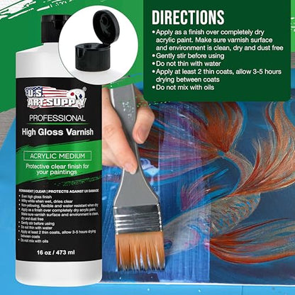 U.S. Art Supply 16 oz Acrylic Sealer, High Gloss Varnish for Acrylic Painting - Non-Yellowing, Clear Coat Protective Finish with UV Protection for Paint - size: 16-ounces