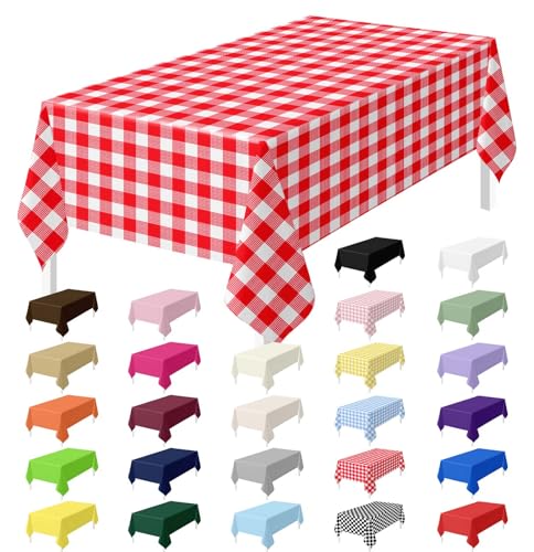 HEIPINIUYE 3 Pack Red Gingham Tablecloth Disposable 54 x 108 Inch Red and White Plaid Plastic Table Cloth Disposable Rectangle Table Cover for Party Birthday Picnic Checkered Tablecloths - color: Red Gingham Tablecloth, size: 3 Pack