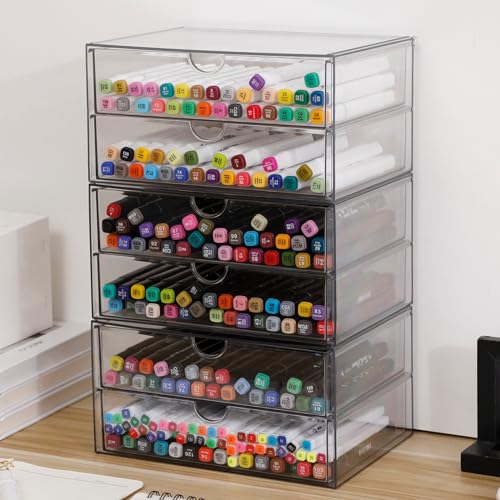 Clear Desk Drawer Organizer, 6 Drawers, Plastic | Stackable Desk Organizers and Accessories, For Pencils, Books, Art Crafts, Makeup, For Home Office, Bathroom, Kitchen - size: 6 Drawers