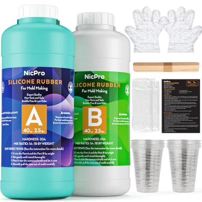 Nicpro 80oz Silicone Mold Making Kit 20A, Platinum Liquid Silicones Rubber | for Mold Maker, Jade Green Flexible & Food Safe Mix Ratio 1:1 for Casting 3D Resins Molds DIY with Gloves, Sticks & Cups - size: 80oz