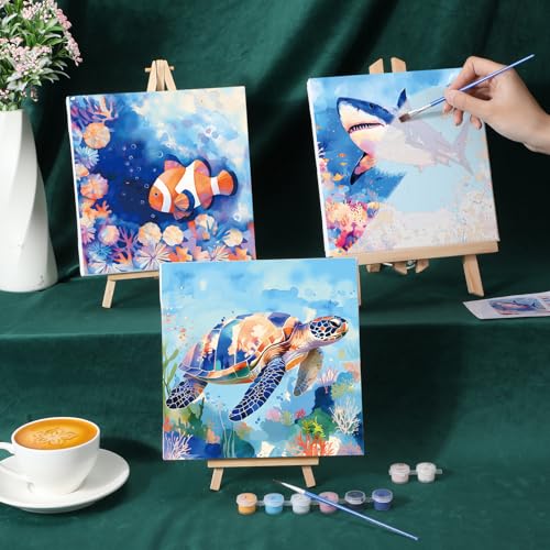 Nezyo 12 Sets Paint by Numbers with Frame, Ocean Animals Canvas 8x8 Inch - style: Sea Creatures
