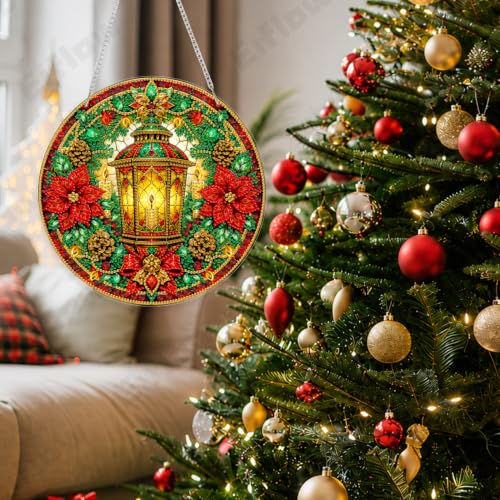 Eiflow Acrylic Diamond Art Hanging Kit for Adults Christmas Lantern, DIY Diamonds Painting Door Hanger Board Kit, Special Crystal Diamond Art Painting Pendant Ornament - color: Lantern
