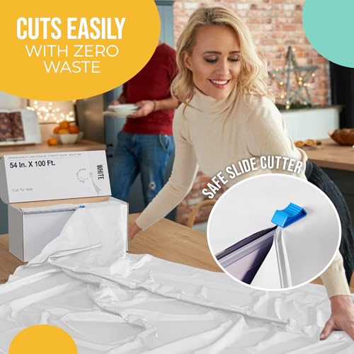 Exquisite Party Solids 54 Inch X 100 Feet White Plastic Table Cover Roll in A Cut - to - Size Box with Convenient Slide Cutter. Cuts Up to 12 Rectangle 8 Feet Plastic Disposable Tablecloths - color: White, size: 100 Feet
