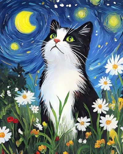 Yunnuo Diamond Art Kits for Adults Cat,Diamond Paintings Kit Starry Night Cat,Full Round Drill Flowers Diamond Dot Art for Beginners,Suitable for Home Decor and Holiday Gifts(12x16 in) - color: D007-cat 30x40cm