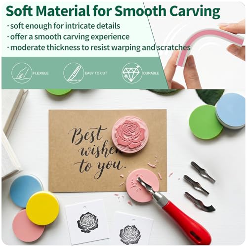 21Pcs Linocut Kit for Printmaking & Stamp Carving, 14Pcs Soft Rubber Linoleum Blocks and Carving Tool for Beginner Printing Craft Supplies