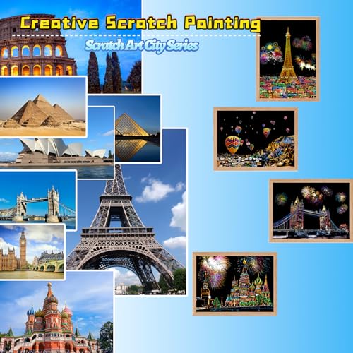 DESINIK Scratch Art Book for Adults-Rainbow Scratch Painting Art Kit DIY Craft Kit with 1 Rainbow Scratch Art Book and 4 Tools,Impression City Series - color: Impression City Series