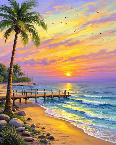 ZRIZQ Beach Paint by Numbers Kit for Adults Beginner,Sunset,16x20 | Full set with rich paints,wooden brushes,rolled canvas.Calming activity.Beginner friendly.Just open and paint. - color: 16"X20"Rolled Canvas-Landscape 9
