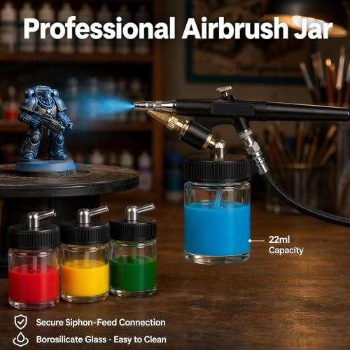 10pk 0.75oz Glass Airbrush Bottles,60°Siphon with Storage Lids & Cap | 60° siphon adapter fits Iwata/Master/Badger/Paasche. 10 glass jars + 5 sealing lids for storage + 10 silicone dust caps - size: G3PG