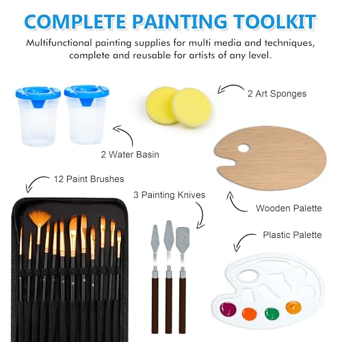 Shuttle Art Canvas Painting Kit 50-Pack, 28 Multi-Size Canvas for Painting & 22 Art Tools (Brushes, Palette, Painting Knives), Ideal Art Supplies for Acrylic Oil Gouache Painting