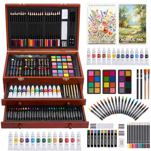 TMOL Art Supplies, 175-Pack Deluxe Art Set Drawing Painting Kit with 2 Drawing Pads, Acrylic Paints, Colored Pencils, Crayons, Art Kit in Wooden Case, Gift for Artist, Adults, Teens and Kids - color: Cherry