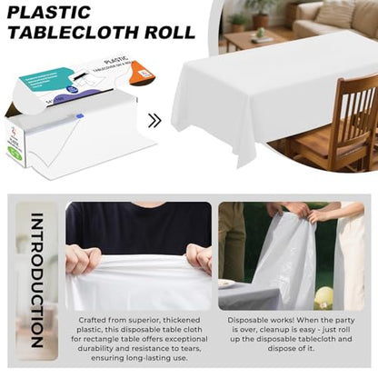 54IN X 160FT Plastic Table Cover Roll with Cutter Box, Cut to Size Plastic Table Cloths for Parties, Birthday, (White, 54"x1920") - color: White, size: 1920" x 54" (Rectangular)
