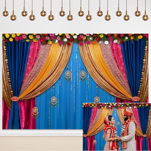 Yeele 7x5ft India Pooja Backdrop Diwali Marigold Blue Curtain Background for Photography Indian Ganpati Puja Traditional Wedding Festival Party Decoration Photo Booth Props - size: 7x5ft