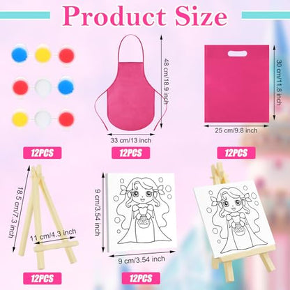 Tenceur 48 Pcs Kids Paint Party Favors Sets with 12 Pcs Unicorn Girl Cake Pre Drawn Canvas Panel and Wooden Easel Set Paint Pots and Brushes 12 Mini Apron and Tote Bag for Kids Girls Student Boys - style: Unicorn