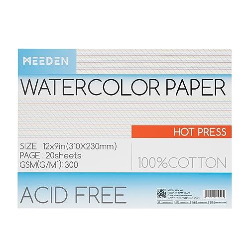 MEEDEN Cotton Watercolor Paper Block: 9" x 12" Hot Pressed of 20 Sheets - color: Hot Press, size: 9×12"