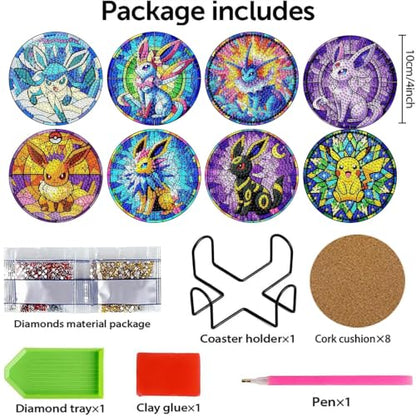 nekpiahu 8Pcs Diamond Painting Coasters with Holder,DIY Cartoon Life Coaster Diamond Art Kits for Adults, Beginners Round Full Drill Diamond Art Craft Supplies - color: Bdwy507
